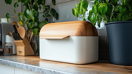 A modern kitchen features a stylish bread box with a wooden lid on a countertop surrounded by vibrant indoor plants, creating a fresh and inviting atmosphere.の素材