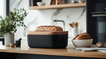 A contemporary kitchen featuring a loaf of bread on a wooden countertop, complemented by stylish utensils and decor, creating a warm and inviting atmosphere.の素材
