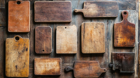A diverse collection of rustic wooden cutting boards arranged on a dark wooden surface, highlighting unique textures and colors, perfect for culinary photography and kitchen decor.の素材