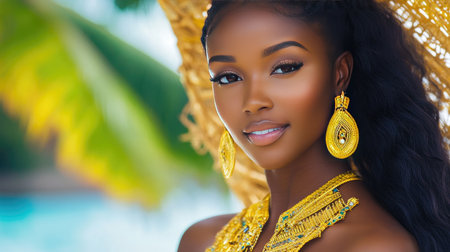 A beautiful young woman poses gracefully outdoors, showcasing vibrant jewelry and a radiant smile against a lush, tropical background.の素材