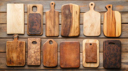 Explore a stunning collection of wooden cutting boards arranged harmoniously. Each piece showcases unique textures and warm tones, ideal for culinary enthusiasts and stylish kitchens.の素材