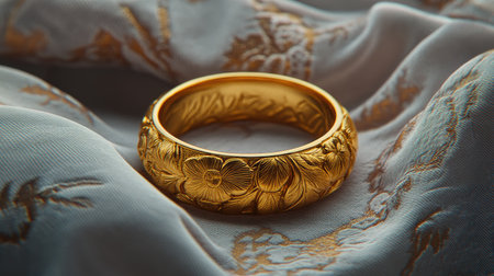 This exquisite gold ring features an intricate floral design, resting elegantly on soft, luxurious fabric. The delicate craftsmanship highlights the ring's beauty and charm.の素材