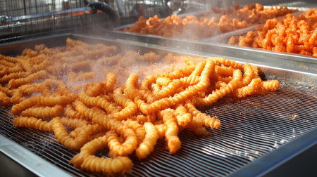 Spiral fries cook in hot oil, creating a delicious golden brown snack. The vibrant texture and steam add to the enticing appeal of this culinary delight.の素材