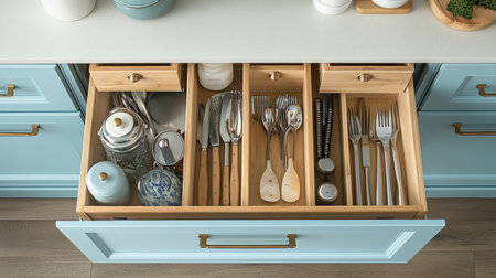 A neat and organized kitchen drawer showcasing an array of utensils and cookware, highlighting modern design and efficient storage solutions in a bright home interior.の素材