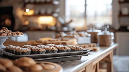 A charming kitchen filled with an assortment of freshly baked pastries, muffins, and cookies, creating an inviting ambiance perfect for home baking.の素材