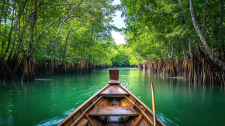 Experience the serene beauty of a canoe gliding through a vibrant mangrove forest, surrounded by lush greenery and tranquil waters. Embrace nature's peace and adventure.の素材
