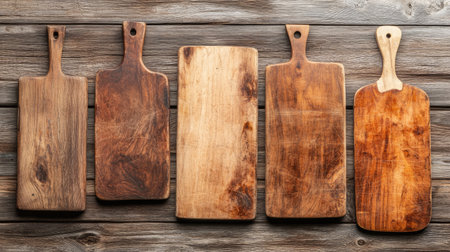 A collection of five wooden cutting boards arranged on a rustic wooden table. Each board showcases unique textures and finishes, perfect for cooking and serving.の素材