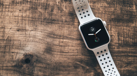 A sleek smartwatch resting on a rustic wooden surface, showcasing its modern design and user-friendly interface. Perfect for fitness enthusiasts and tech lovers.の素材