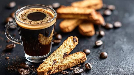 A vibrant cup of freshly brewed espresso served with crunchy biscotti, perfect for a cozy coffee moment. Rich aroma invites indulgence and warmth.の素材