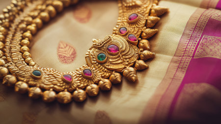 A stunning close-up of an ornate gold necklace with colorful gemstones, set against a luxurious fabric background. Perfect for showcasing traditional elegance and craftsmanship.の素材