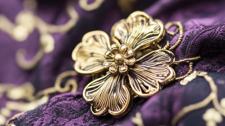 A stunning close-up of an elegant gold flower brooch resting on rich purple fabric. This intricate piece showcases beautiful craftsmanship, making it a perfect accessory for any fashion enthusiast.の素材