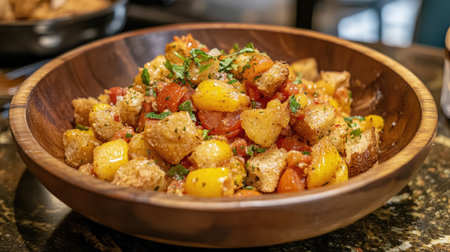 A vibrant salad featuring heirloom tomatoes, fresh vegetables, and crunchy croutons served in a rustic wooden bowl, perfect for any meal or gathering.の素材