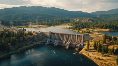 Stunning aerial view of a hydroelectric dam nestled in a forested mountain region, showcasing the interplay of water, nature, and technology in energy production.の素材