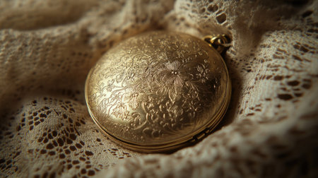 Close-up view of a vintage gold pocket watch resting on soft lace fabric. The intricate floral design enhances its timeless elegance, evoking nostalgia and charm.の素材