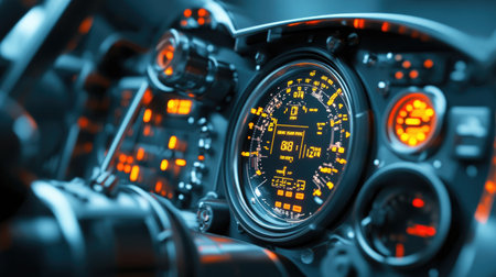 Explore a close-up view of a futuristic dashboard featuring illuminated controls and a vivid digital display, showcasing advanced technology and design.の素材