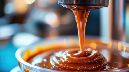 This captivating image showcases smooth chocolate syrup flowing from a machine in a bright kitchen. The richness and texture invite culinary creativity, perfect for dessert lovers.の素材