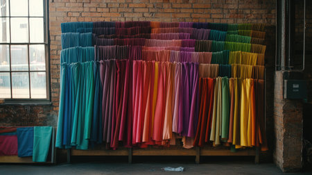 A vibrant arrangement of colorful fabrics showcases a spectrum of hues. This visually striking display captivates with its rich textures and inviting tones, perfect for creative projects.の素材