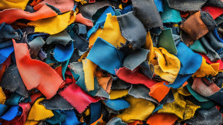 Vibrant collection of colorful textile scraps showcases a mixture of materials perfect for crafting and design projects, encapsulating creativity and recycling.の素材