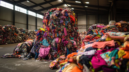 A vibrant scene showcasing piles of colorful textile waste in a recycling warehouse, emphasizing the importance of sustainability and responsible waste management.の素材