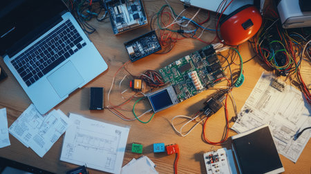 A cluttered workspace filled with electronic components, circuit boards, and a laptop, showcasing the creative and innovative process of technology development.の素材