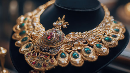 This stunning gold necklace features an intricate peacock design adorned with vibrant gemstones, showcasing traditional craftsmanship and elegance perfect for any jewelry lover.の素材