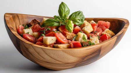 A vibrant salad featuring fresh tomatoes, croutons, and basil, beautifully arranged in a wooden bowl. Perfect for healthy meals and culinary presentations.の素材