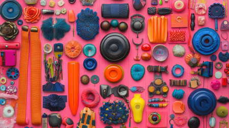 Explore a lively collection of colorful objects arranged artistically against a pink background. Perfect for inspirational design visuals and creative projects.の素材