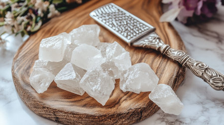 A beautiful arrangement of crystalized sugar cubes on a wooden board, accompanied by an elegant grater, perfect for enhancing culinary creations and desserts.の素材