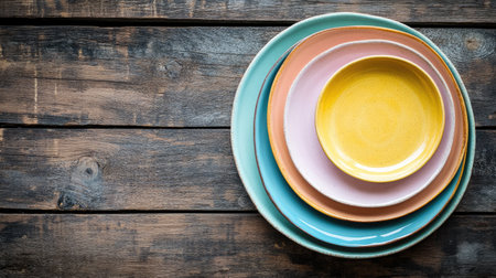 A vibrant stack of colorful plates arranged on a rustic wooden tabletop, ideal for showcasing artistic table settings or kitchen decor concepts.の素材