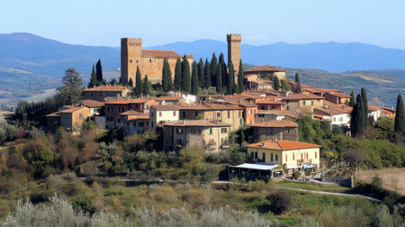 Beautiful view of an Italian village with a castle set on a hill, surrounded by green hills and trees, capturing the essence of rural tranquility and historic charm.の素材