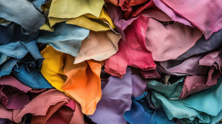 A vibrant display of colorful fabric scraps piled together, showcasing various textures and hues, perfect for art projects, sewing, or crafting.の素材