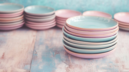 A delightful arrangement of colorful stacked plates on a wooden table, featuring soft pastel shades that enhance the aesthetic appeal. Perfect for dining or decoration.の素材