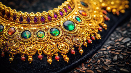 This stunning ornate gold necklace features colorful gemstones, showcasing intricate craftsmanship and vibrant design. Perfect for highlighting elegance in fashion.の素材