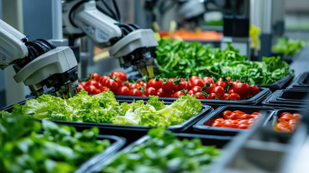 Robotic arms efficiently pick fresh vegetables in a modern agricultural setting, showcasing advanced technology in sustainable food production and automation practices.の素材
