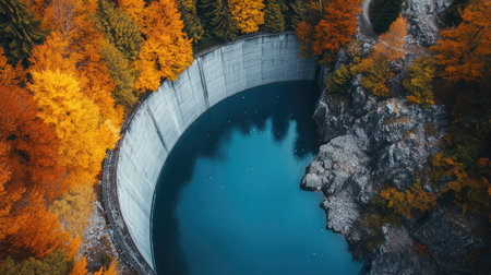 Stunning aerial view of a circular reservoir, encircled by vibrant autumn foliage. The calm water reflects colorful trees, showcasing nature's serene beauty.の素材
