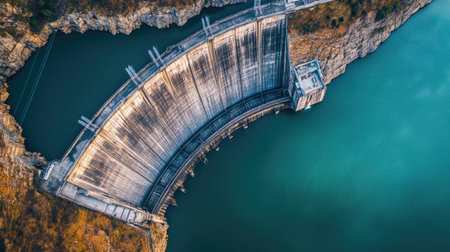 Stunning aerial view of a concrete dam curving gracefully above a tranquil blue reservoir, surrounded by rocky landscapes, showcasing engineering elegance and nature's beauty.の素材