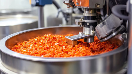 A close-up view of an industrial mixing machine processing vibrant orange granules, showcasing the advanced technology used in modern manufacturing processes.の素材