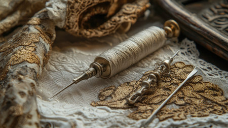 A captivating arrangement of vintage sewing tools, featuring a spool of thread, a needle, and intricate lace fabric, showcasing craftsmanship and artistry in textile work.の素材
