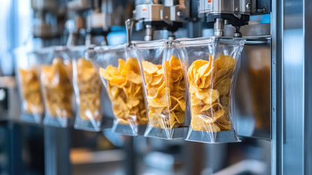 High-tech machine efficiently packages fresh potato chips into bags, showcasing modern automation in the snack food industry with precision and speed.の素材