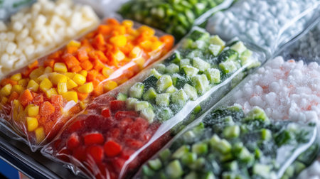 A vibrant display of assorted frozen vegetables in clear plastic packaging, ideal for meal preparation and healthy cooking options. Perfect for quick meals!の素材