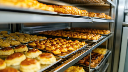 A vibrant display of assorted pastries and bread inside a bakery. Freshly baked treats arranged on shelves, showcasing delightful colors and textures.の素材