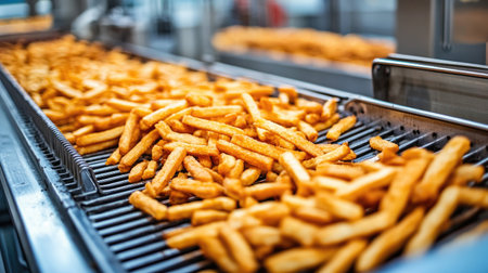A vibrant display of freshly cooked french fries on a conveyor belt in a fast food kitchen, showcasing their crispy golden texture ready for serving.の素材