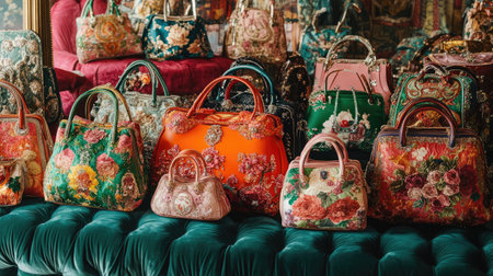 A stunning display of vibrant floral handbags arranged elegantly on a plush velvet surface. The intricate designs and colors create a captivating visual experience for fashion enthusiasts.の素材