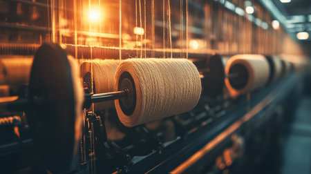 This image captures a close-up view of spools and threads in a modern textile factory. Highlighting the intricate machinery, it showcases the production process of textile manufacturing.の素材