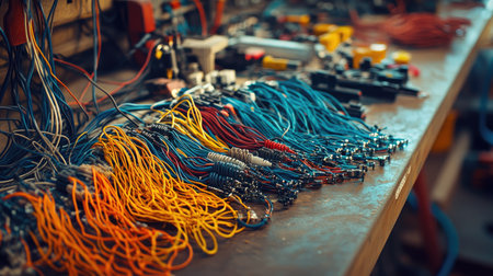 A vibrant display of colorful cables and wires meticulously organized on a workshop bench, showcasing the essence of technology and craftsmanship in a productive workspace.の素材