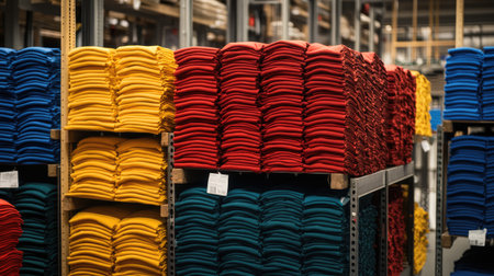 Brightly colored stacks of fabric in a warehouse highlight the organized storage of textiles. Rich red, vibrant yellow, and deep blue hues create an appealing visual display.の素材