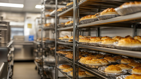Experience the vibrant atmosphere of a commercial bakery filled with freshly baked pastries on stainless steel shelves, showcasing a variety of treats ready for customers.の素材