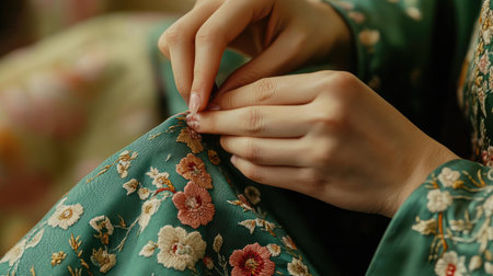 A close-up view of elegant hands engaged in sewing colorful floral patterns on a lush green fabric, showcasing the artistry and precision in textile craftsmanship.の素材