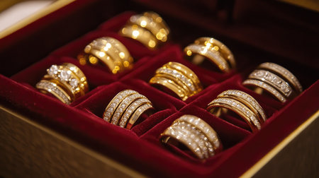 A luxurious arrangement of gold and diamond rings showcased in a plush jewelry box. This image captures the elegance and beauty of fine jewelry pieces.の素材