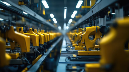 A close-up view of yellow sewing machines lined up on a production line within a modern factory setting, showcasing the integration of technology in textile manufacturing.の素材